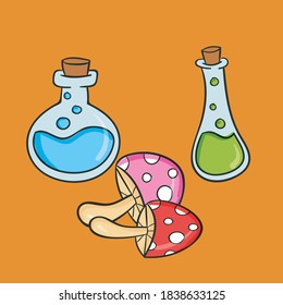 
magic potions and fly agarics on a halloween card