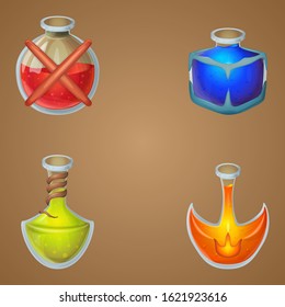 Magic potions game asset vector set, cute fantasy design, isolated icons.