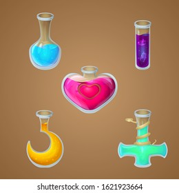 Magic potions game asset vector set, cute fantasy design, isolated icons.