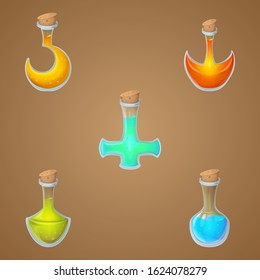 Magic potions game asset vector set, cute fantasy design, isolated icons.	