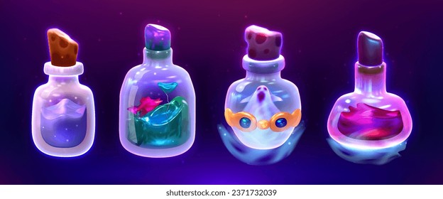 Pociones mágicas en botellas de vidrio con corcho. Juego de vectores de dibujos animados de props de juegos. Venenos líquidos o accesorios de brujería sobre fondo oscuro. Elixir de la vida, la alquimia viales de diferente color, sustancia dentro.