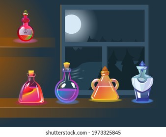 Magic potions and poison on shelves in witch house illustration. Different glass bottles with colorful liquid, silhouettes of trees and moon out of window. Witchcraft, black magic, fairytale concept