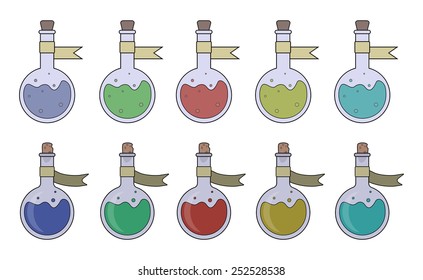 Magic potions set. Fantasy game resources. Vector clip art illustrations isolated on white