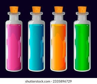 Magic potions set, poison in a bottle. Magic elixir game icon, skull and bones. Design elements, vector illustration.