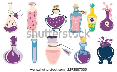 Magic potions set. Magic shop, witchcraft accessories. Game props. Cartoon vector illustration of different shape glass jars, magic elixir. Alchemy design element. Esoteric mystic.