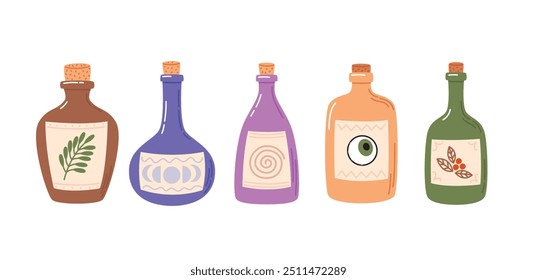 Conjunto de pociones mágicas. Botellas de brujería Ilustraciones vectoriales planas colección