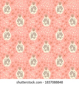 Magic potions, tiny flowers and dots on pink background, seamless vector pattern.