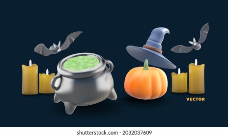 Magic pots and pumpkins surrounded by candles, witch hats and bats on a dark blue background.
