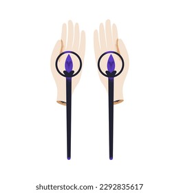 Magic power and ability concept. Hand palms with two wands, options. Creative energy and resources, opportunity symbol. Metaphor esoteric flat vector illustration isolated on white background