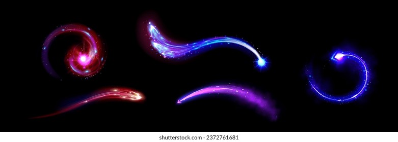 Magic power light trails isolated on black background. Vector realistic illustration of colorful energy vortex, sparkling space blast fire, shimmering smoke, Christmas miracle effect, shooting star