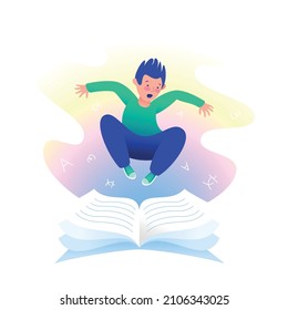 The magic power of reading. Amazing world of literature. An excited boy levitates above a book. Stories. Phantasy. Interesting books. Read a book. Fascinating learning process.