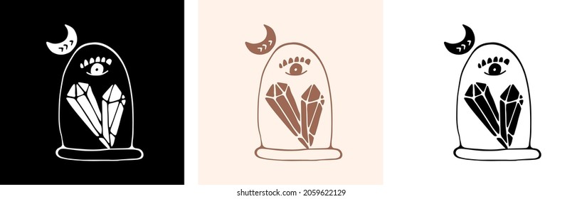 Mágica ilustración pre hecha con diamantes, cristales y ojos lunares y diabólicos. Ilustración vectorial de postales. Negro y blanco, colores de Boho