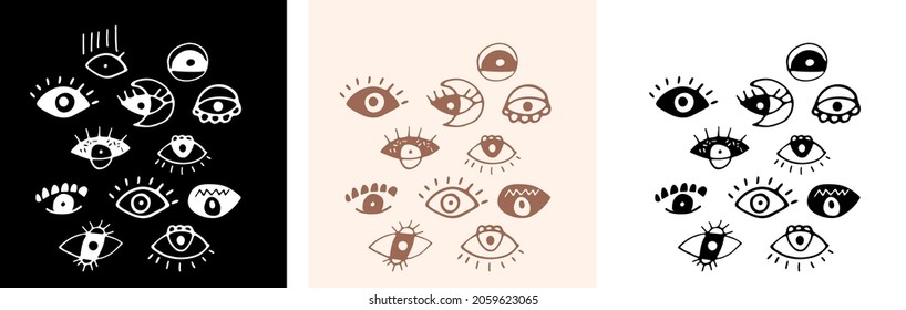 Magic pre made illustration with evil eyes. Vector illustration of postcards. Black and white, Boho colors