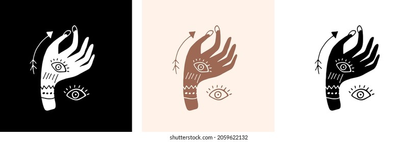 Magic pre made illustration with hand and evil eye. Vector illustration of postcards. Black and white, Boho colors