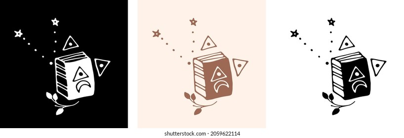 Magic pre made illustration with Witch magical books. Vector illustration of postcards. Black and white, Boho colors