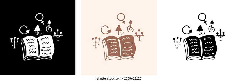 Magic pre made illustration with Witch magical books. Vector illustration of postcards. Black and white, Boho colors