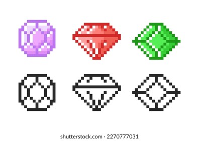 Icono mágico de piedras preciosas en el estilo de píxeles. Conjunto de iconos retro pixelados.