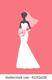 Magic Princess. Beautiful Bride Princess holding a flower bouquet. Beautiful woman in a wedding dress. Silhouette of bride isolated on pink background. Vector