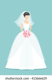 Magic Princess. Beautiful Bride Princess holding a flower bouquet. Princess silhouette with shadow. Female White wedding dress on mannequin isolated on Green background. Vector