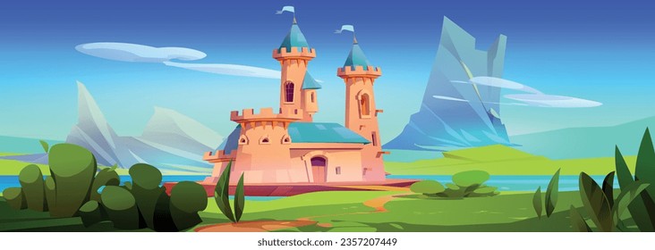 Magic princess castle cartoon fairytale vector illustration. Fantasy fairy tale medieval dream palace with beautiful nature meadow. Ancient mansion architecture drawing near river with nobody