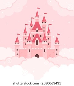 Magic princess castle in the clouds. Flat vector illustration.