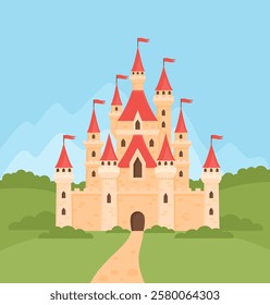 Magic princess castle. Flat vector illustration.