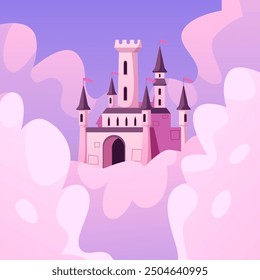 Castillo de la princesa mágica con torres y banderas entre Grandes nubes rosas y cielo púrpura. Mundo de cuento de hadas. Reino medieval. Palacio. Anuncio. Antecedentes de juego. Ilustración vectorial.