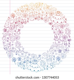 Magic princess vector illustration. Cartoon set. Design for little girls. Beautiful fantasy fairytale with fashion elements for patterns.