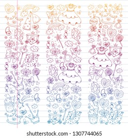 Magic princess vector illustration. Cartoon set. Design for little girls. Beautiful fantasy fairytale with fashion elements for patterns.