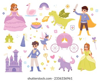 Magic princess world, knights and castle. Princesses and fairy lady with wand, wonder unicorn and prince frog. Kids fantasy snugly vector clipart