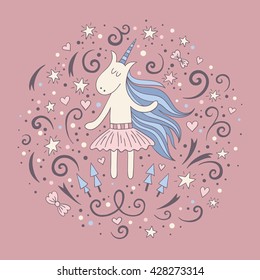  Magic print with unicorn. Vector greeting card 