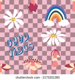 Magic psychedelic drug mushrooms, Chamomile, rainbow seamless pattern. Psychedelic hallucination. 60-70s hippie colorful art. Vintage psychedelic textile, fabric, wrapping, wallpaper.