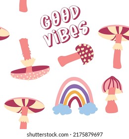 Magic psychedelic drug mushrooms, Chamomile, rainbow seamless pattern. Psychedelic hallucination. 60-70s hippie colorful art. Vintage psychedelic textile, fabric, wrapping, wallpaper.
