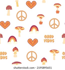 Magic psychedelic drug mushrooms, Chamomile, rainbow seamless pattern. Psychedelic hallucination. 60-70s hippie colorful art. Vintage psychedelic textile, fabric, wrapping, wallpaper.