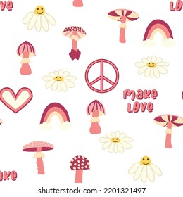 Magic psychedelic drug mushrooms, Chamomile, rainbow seamless pattern. Psychedelic hallucination. 60-70s hippie colorful art. Vintage psychedelic textile, fabric, wrapping, wallpaper.
