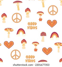 Magic psychedelic drug mushrooms, Chamomile, rainbow seamless pattern. Psychedelic hallucination. 60-70s hippie colorful art. Vintage psychedelic textile, fabric, wrapping, wallpaper.