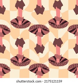 Magic psychedelic drug mushrooms seamless pattern. Psychedelic hallucination. 60-70s hippie colorful art. Vintage psychedelic textile, fabric, wrapping, wallpaper.