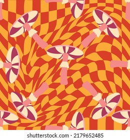 Magic psychedelic drug mushrooms seamless pattern. Psychedelic hallucination. 60-70s hippie colorful art. Vintage psychedelic textile, fabric, wrapping, wallpaper.