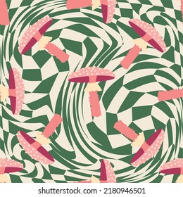 Magic psychedelic drug mushrooms seamless pattern. Psychedelic hallucination. 60-70s hippie colorful art. Vintage psychedelic textile, fabric, wrapping, wallpaper.