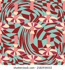 Magic psychedelic drug mushrooms seamless pattern. Psychedelic hallucination. 60-70s hippie colorful art. Vintage psychedelic textile, fabric, wrapping, wallpaper.