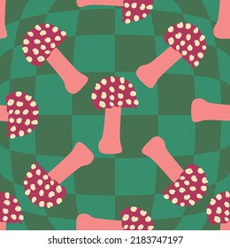 Magic psychedelic drug mushrooms seamless pattern. Psychedelic hallucination. 60-70s hippie colorful art. Vintage psychedelic textile, fabric, wrapping, wallpaper.