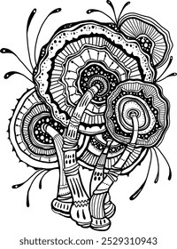 Magic psychedelic mushrooms, coloring page for adults, vector illustration