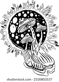 Magic psychedelic mushrooms, coloring page for adults, vector illustration