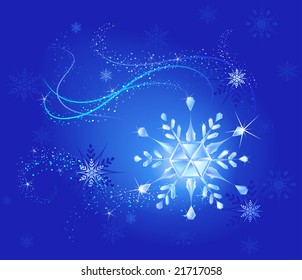 magic pure transparent snowflake from on a luminous dark blue background