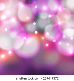Magic purple blurred background with bokeh lights snowfall. Perfect template for posters, websites, magazines, brochures, catalogs