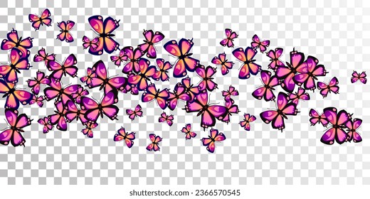 Magic purple butterflies flying vector wallpaper. Summer little insects. Decorative butterflies flying girly background. Delicate wings moths patten. Garden creatures.