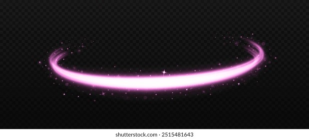 Magic purple comet light trail with glitter particles. Space wavy lines twinkle on transparent background. Shiny lines with sparkles. 