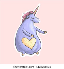 The magic purple cute funny fat unicorn with heart dancing . Alikorn. Pegasus. Children s character. Fashion patch badge