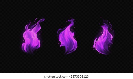 Magic purple flame. Vector design elements. Set of bright colorful torch with sparkles isolated on transparent backdrop