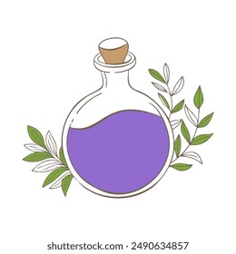 Magic purple flask bottle, doodle hand drawn in boho style with leaves, isolated on white background. Vector illustration